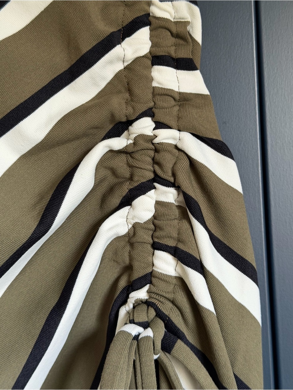 Solid & Striped Olive Green Diagonal Stipe Ruched High Slit Midi Skirt, Size XL - Picture 2 of 9
